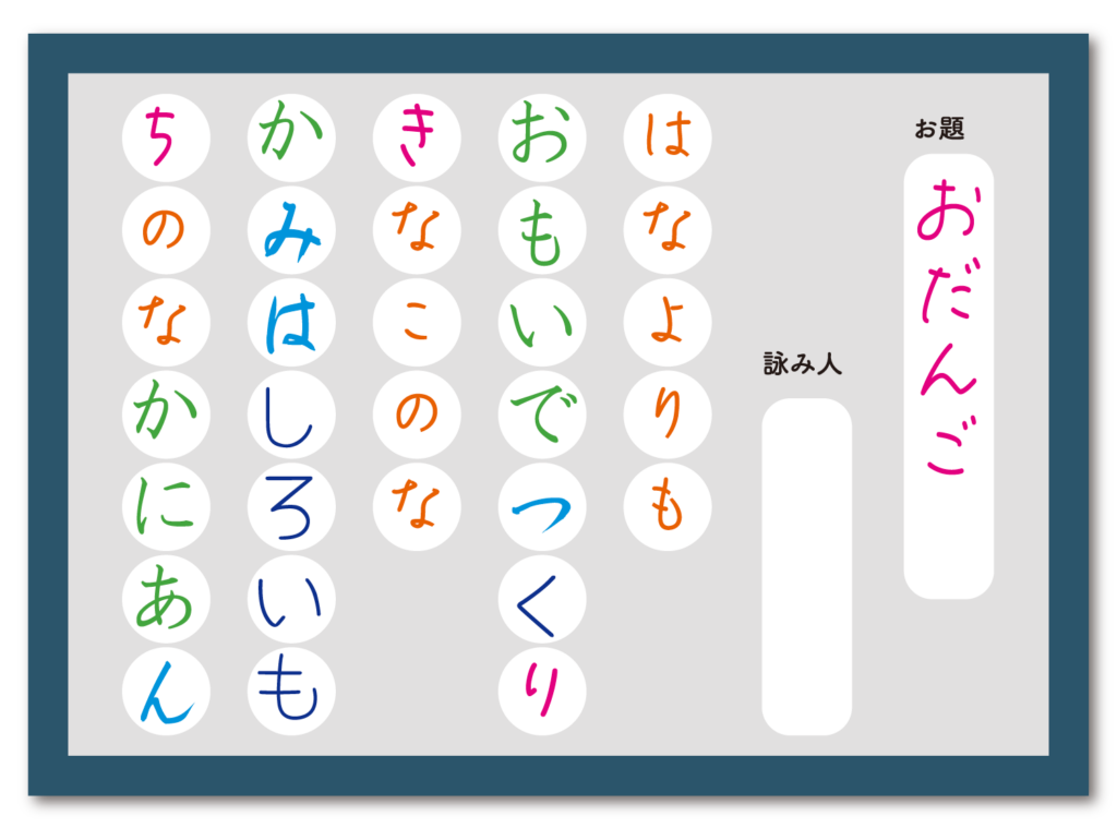 実際にプレイしてできた短歌シート
お題「おだんご」
はなよりも　おもいでつくり　きなこのな　かみはしろいも　ちのなかにあん